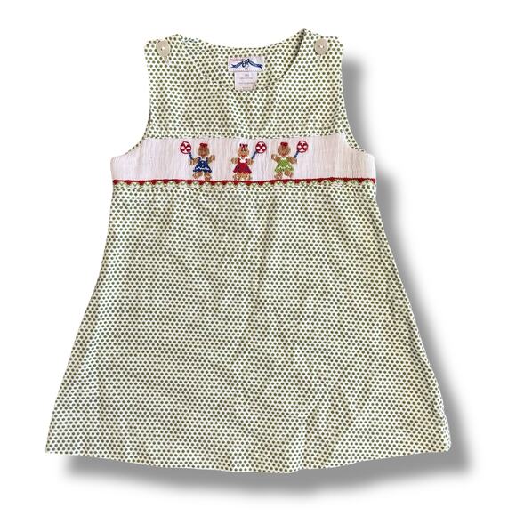 Silly Goose Hand Smocked Dress 24M Girls Green Polka Dot Gingerbread Embroidery - Picture 1 of 7